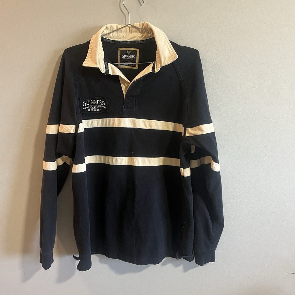Genuine Guinness Rugby Polo Shirt Men's M Black Cream Stripe Top Long Sleeve